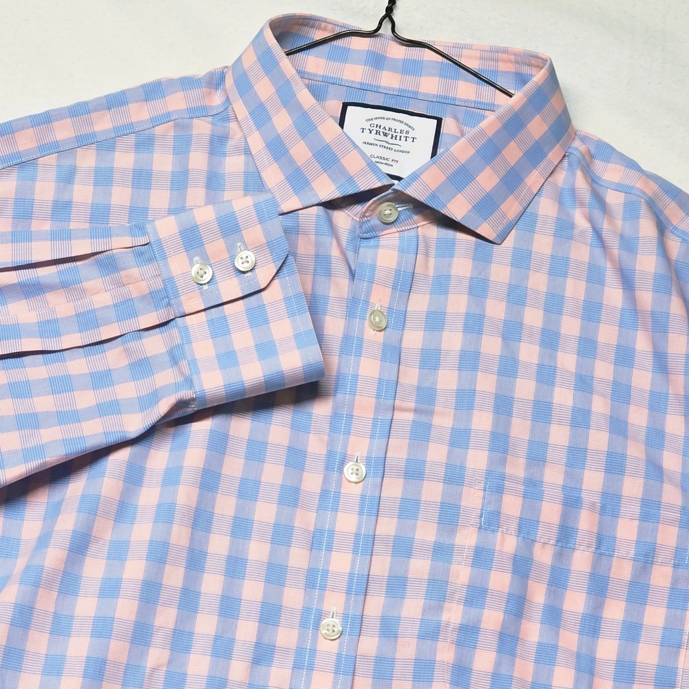 Charles Tyrwhitt Dress Shirt Men's 17.5/34 Blue Pink Check Classic Fit Non-Iron